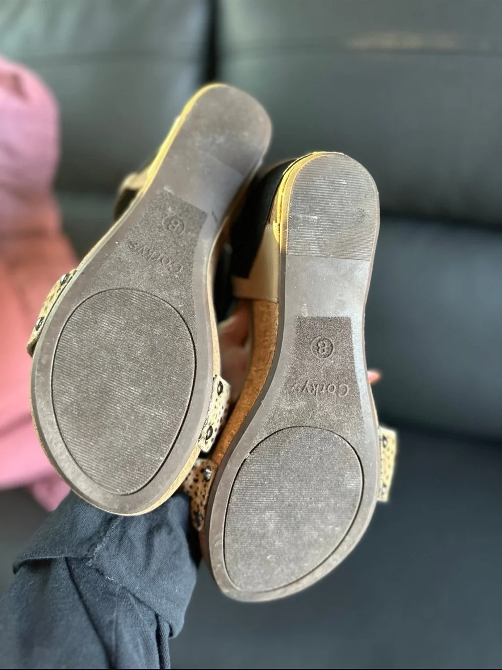 Corkys Women's Wedge Sandals in Black and Tan Spotted